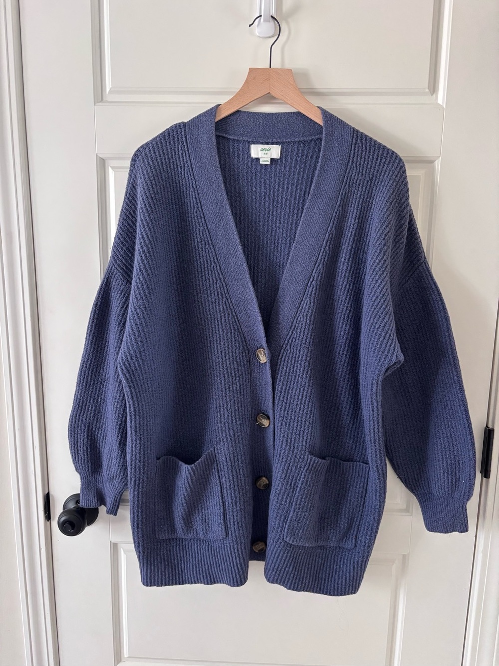 aerie Blue Rib-Knit Button Cardigan